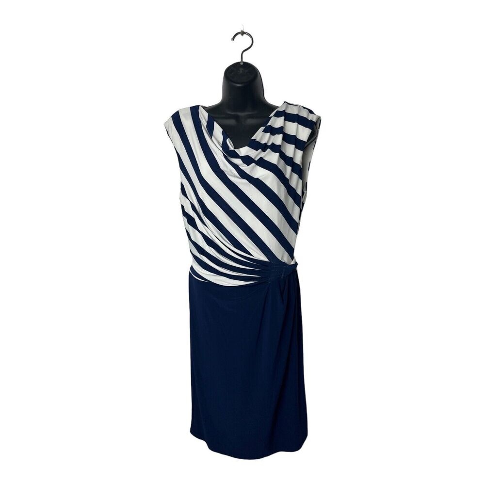 Lauren Ralph Lauren Sz 12 Navy Blue Stripe Cinched Waist Sleeveless Midi Dress